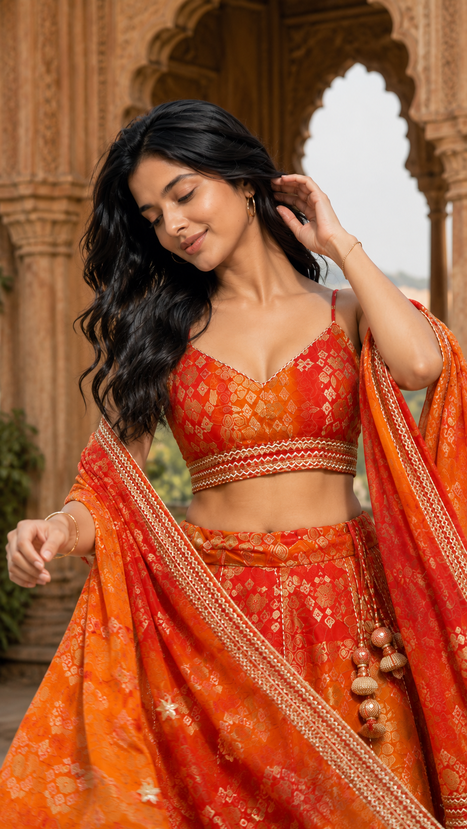 Double shade ghadchola silk bandhej lehenga choli
