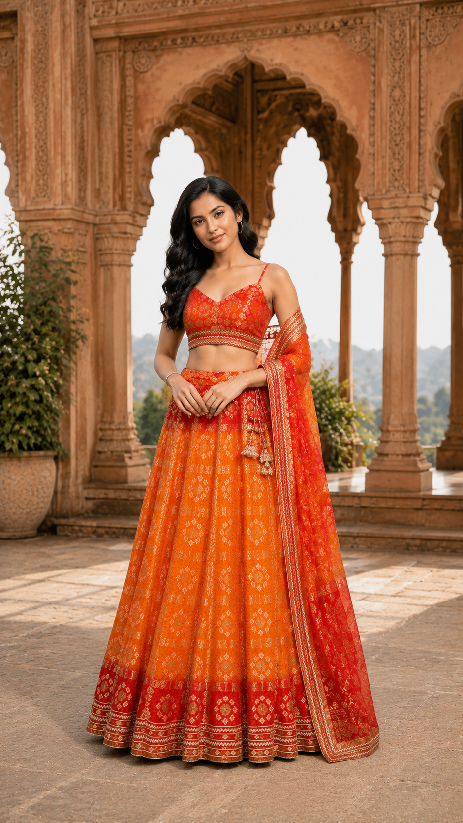 Double shade ghadchola silk bandhej lehenga choli