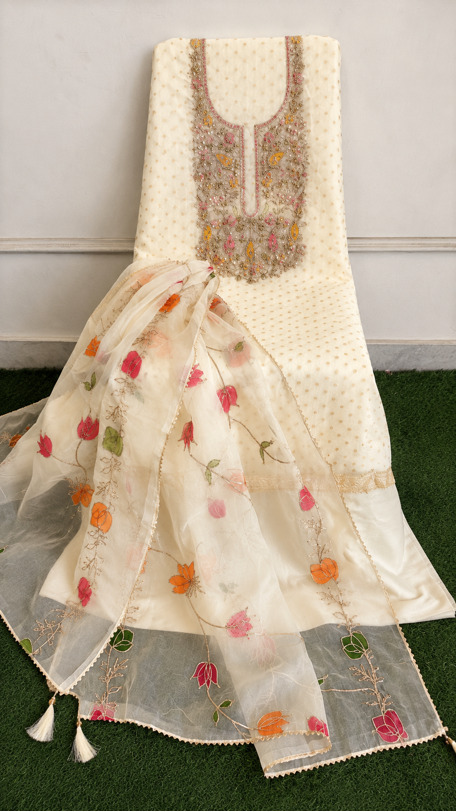 Semi stitched designer modal silk zari weaving suit with designer organza dupatta