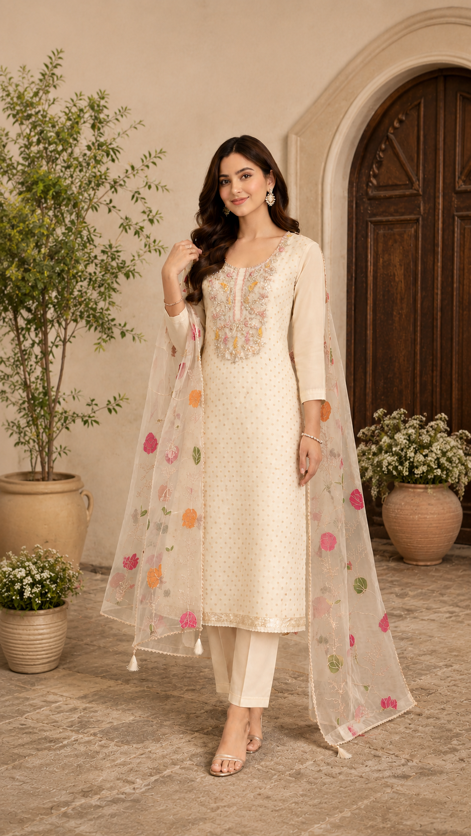 Semi stitched designer modal silk zari weaving suit with designer organza dupatta
