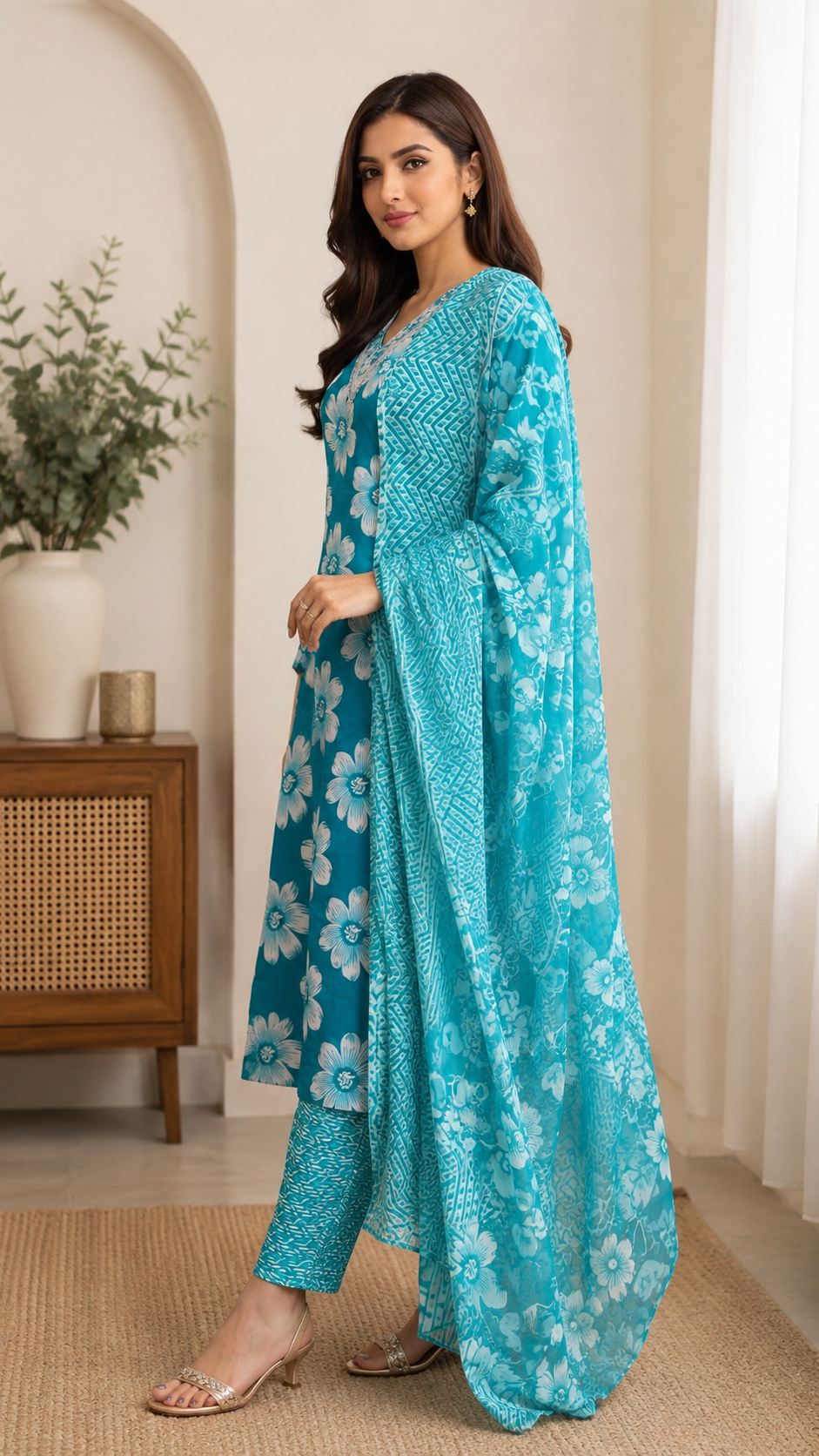 Daily wear / office wear slub cotton kurti, bottom and dupatta set