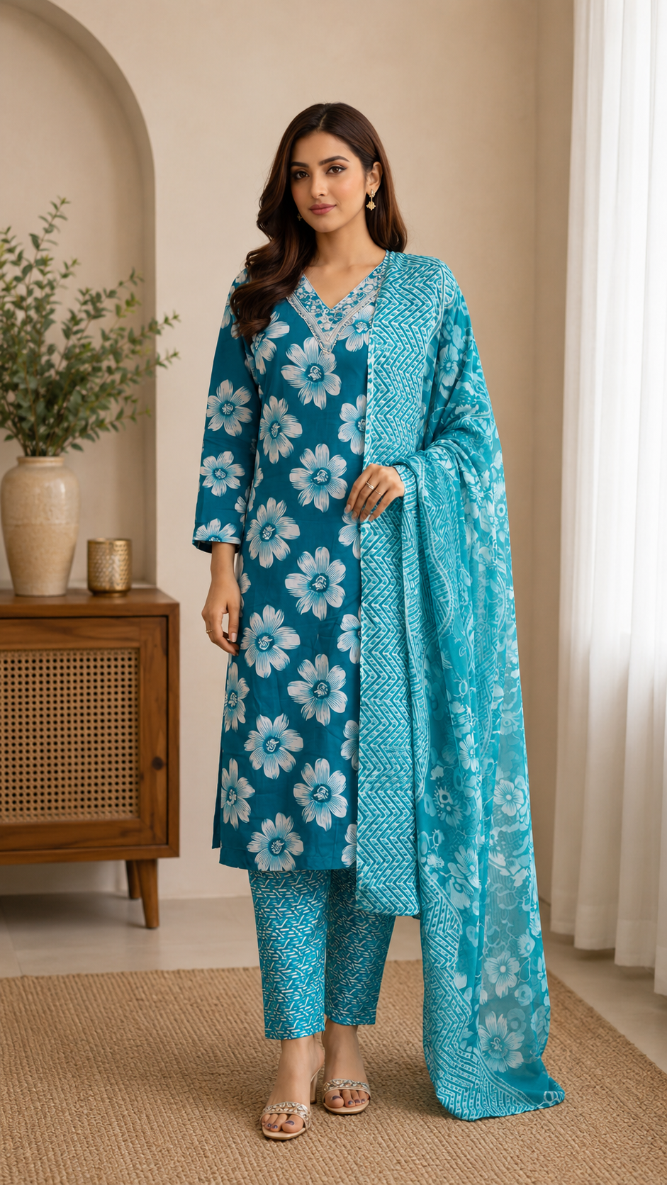 Daily wear / office wear slub cotton kurti, bottom and dupatta set