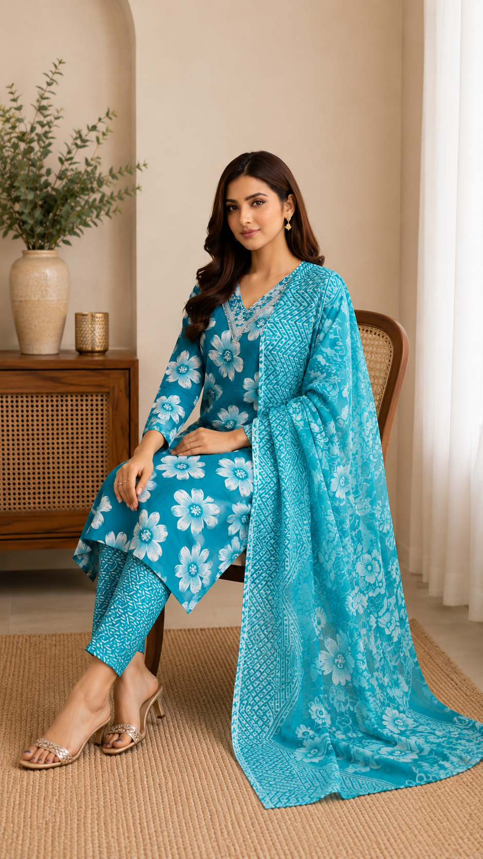 Daily wear / office wear slub cotton kurti, bottom and dupatta set