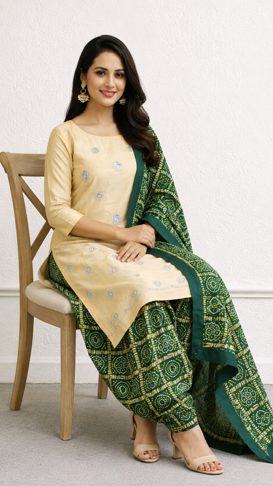 Glass tissue designer suit with bandhej print bottom and dupatta