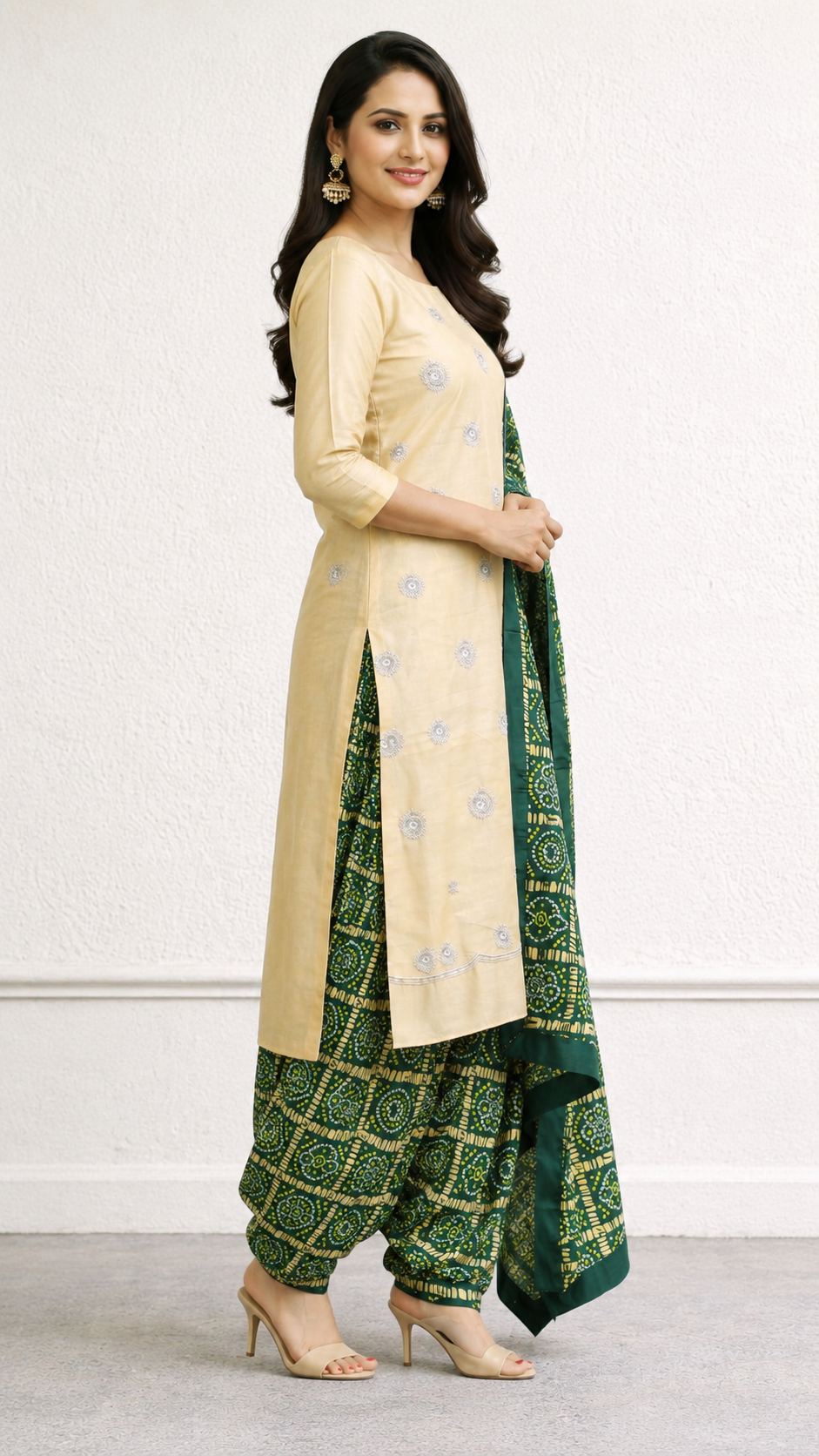Glass tissue designer suit with bandhej print bottom and dupatta