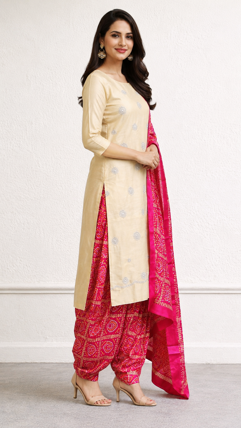 Glass tissue designer suit with bandhej print bottom and dupatta