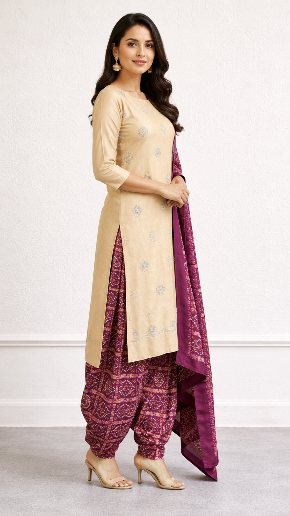 Glass tissue designer suit with bandhej print bottom and dupatta
