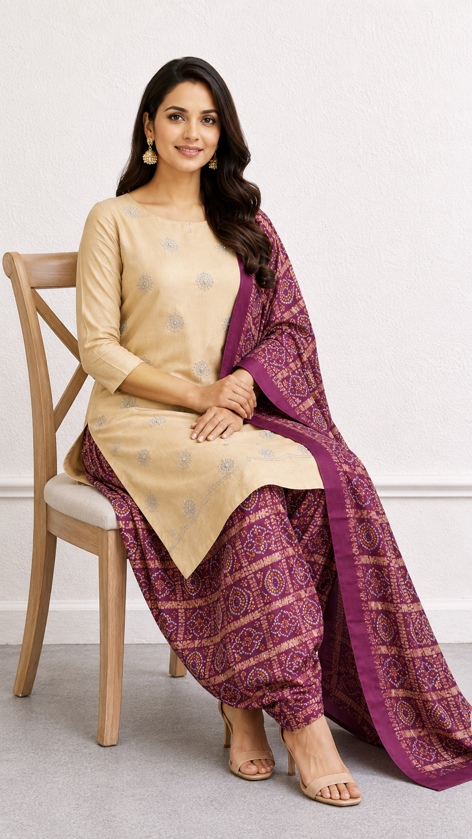 Glass tissue designer suit with bandhej print bottom and dupatta