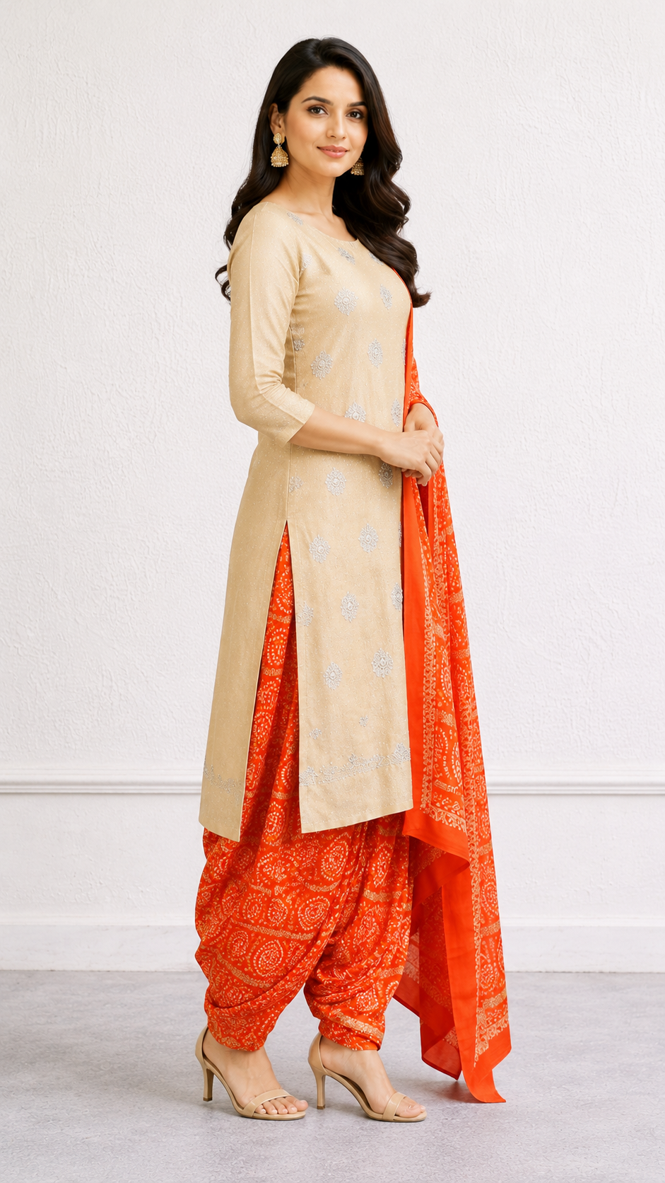 Glass tissue designer suit with bandhej print bottom and dupatta