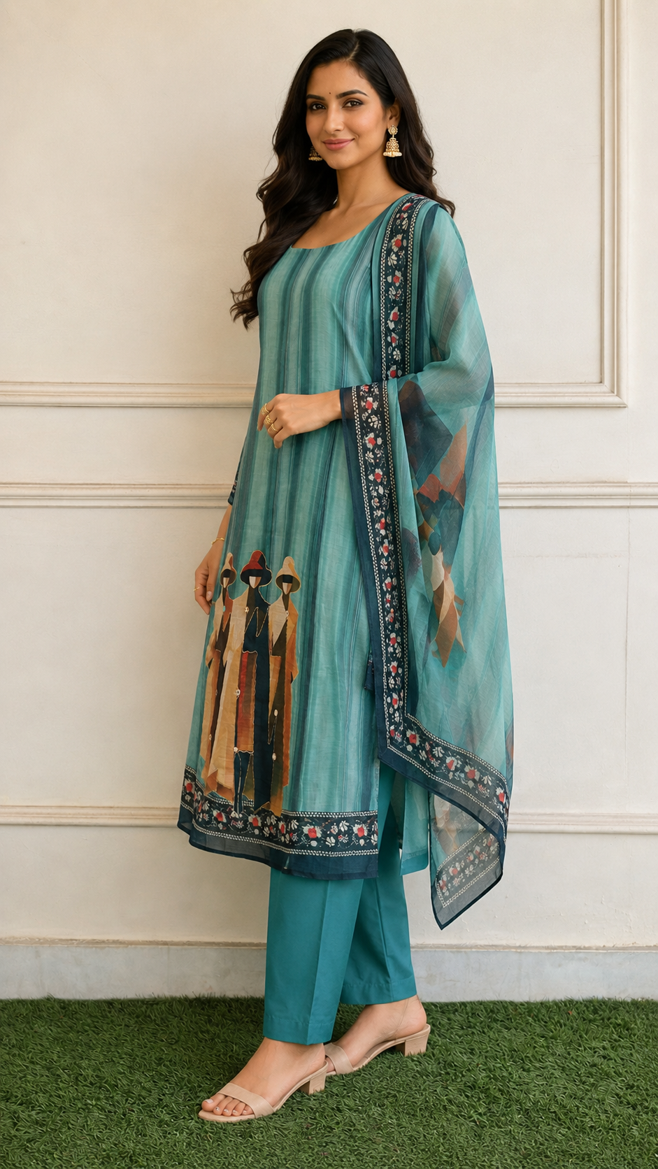 Pure trending linen cotton designer figure print suit