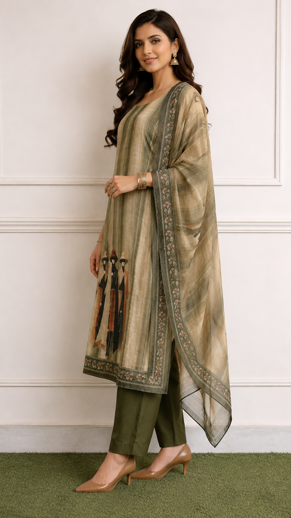 Pure trending linen cotton designer figure print suit