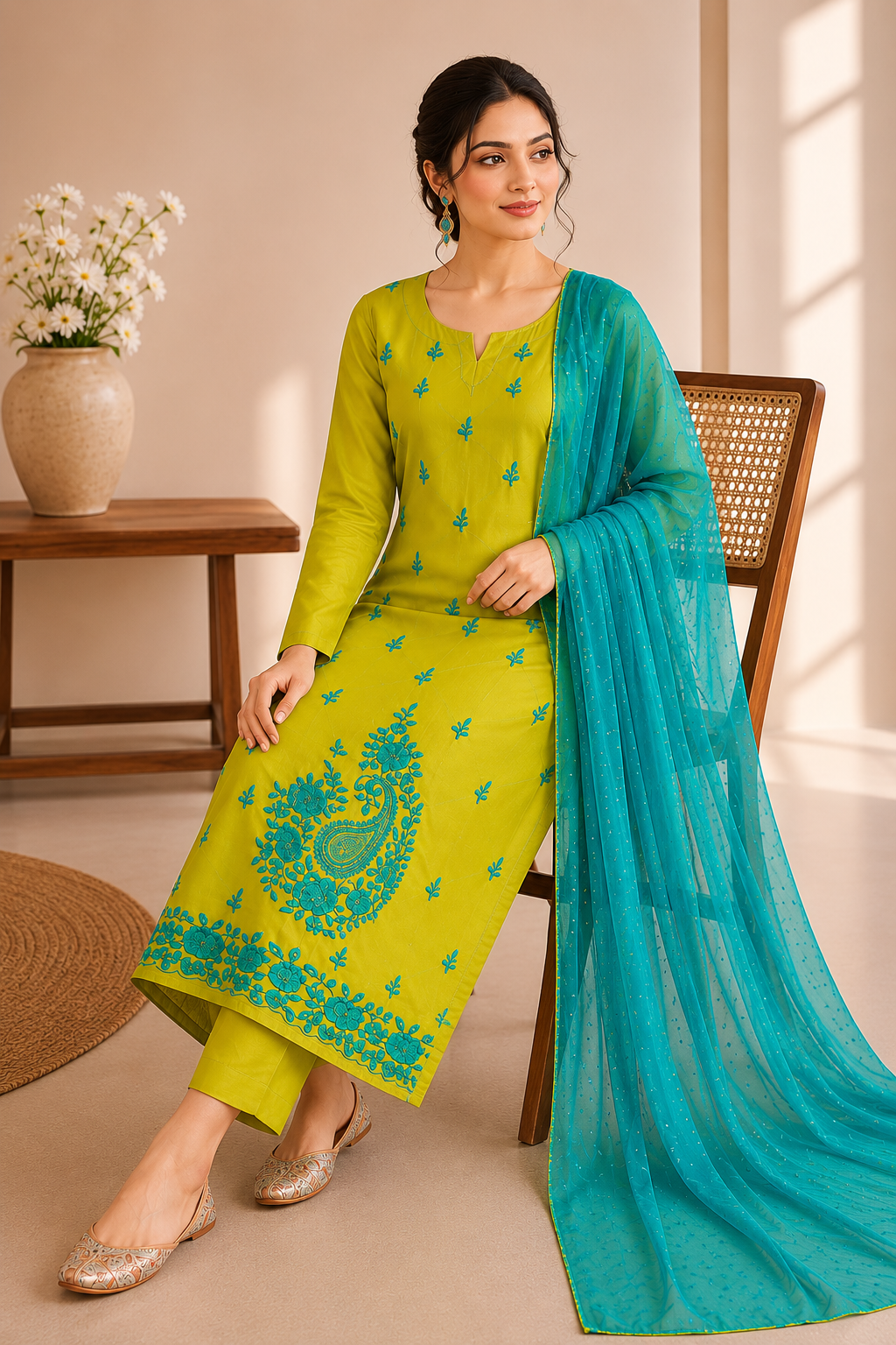 Muslin party wear pearls work suit