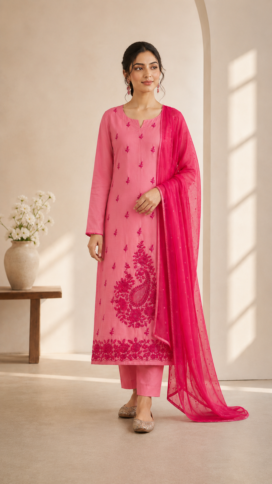 Muslin party wear pearls work suit