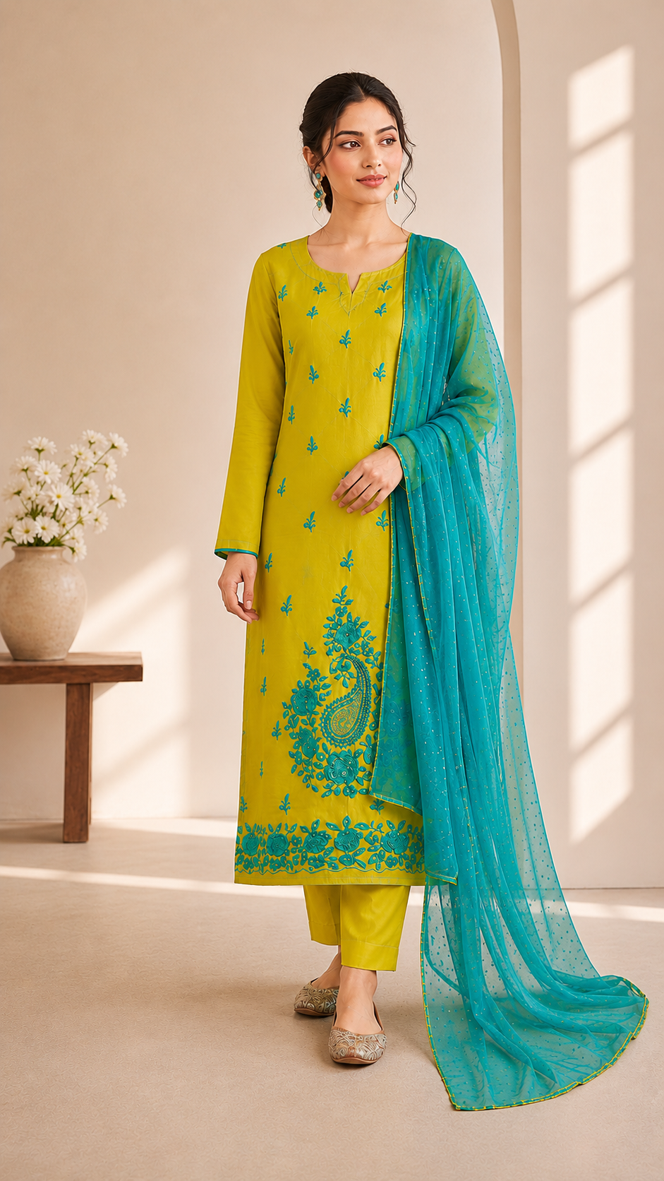 Muslin party wear pearls work suit