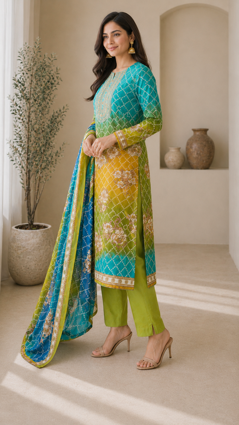 Bandhej print designer cotton embroidered suit