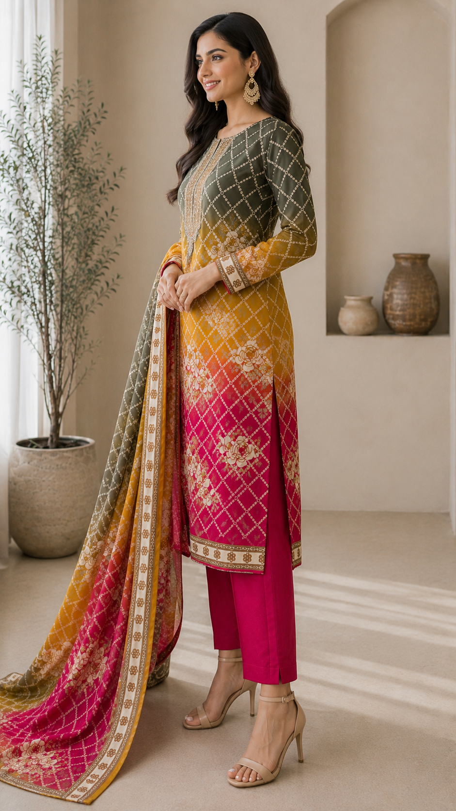 Bandhej print designer cotton embroidered suit
