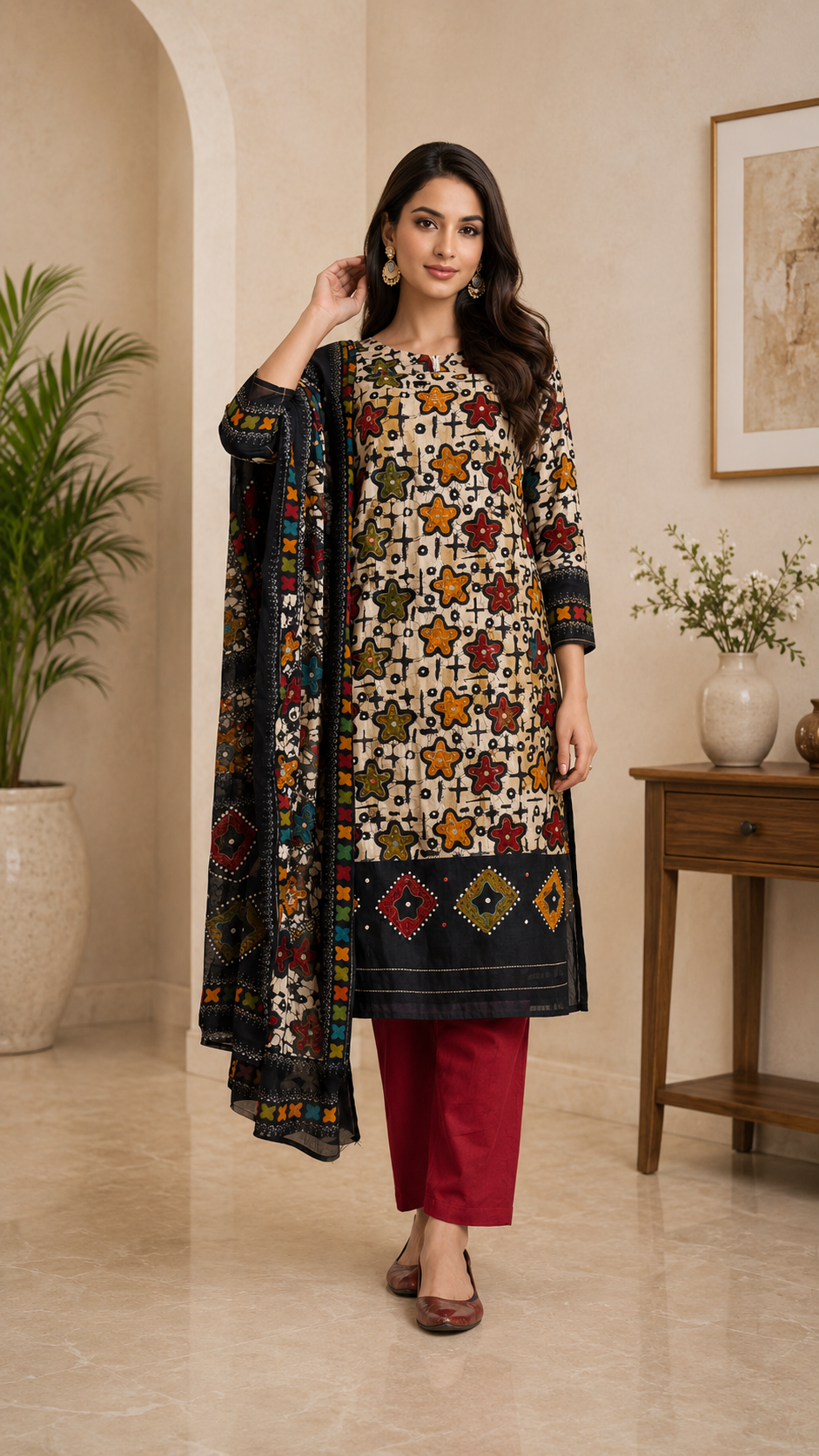 Pure cotton designer batik print suit with cotton dupatta
