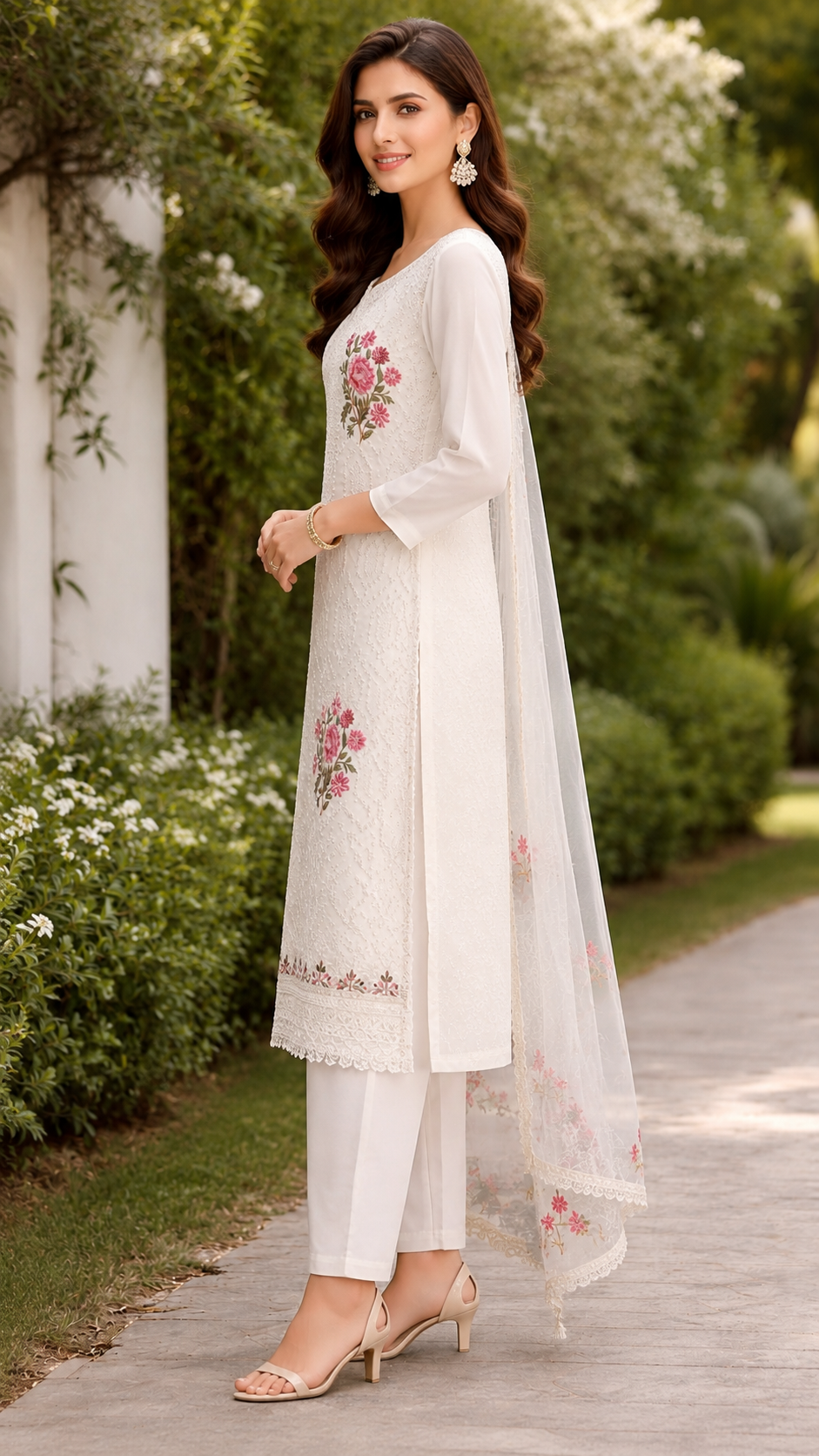 Roman silk semi stitched designer white shade suit