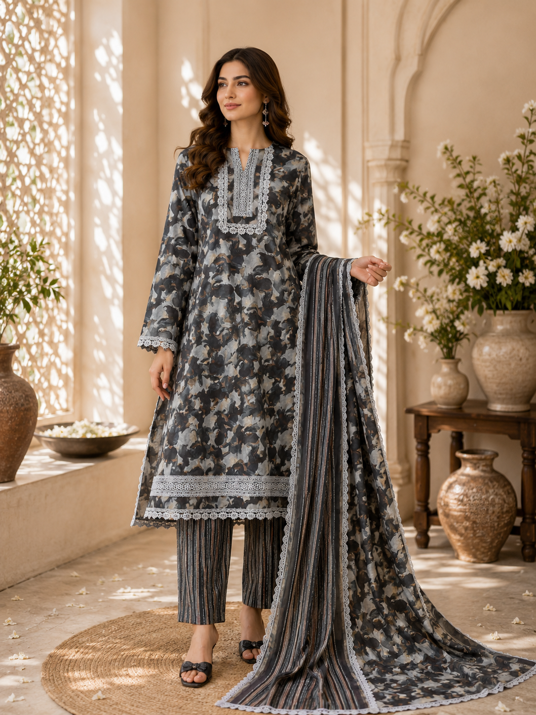 Roman silk premium look designer lace work suit