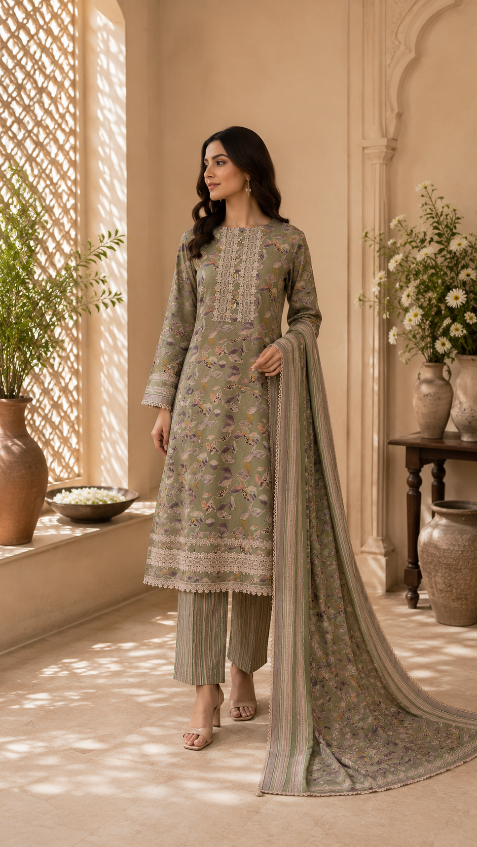 Roman silk premium look designer lace work suit