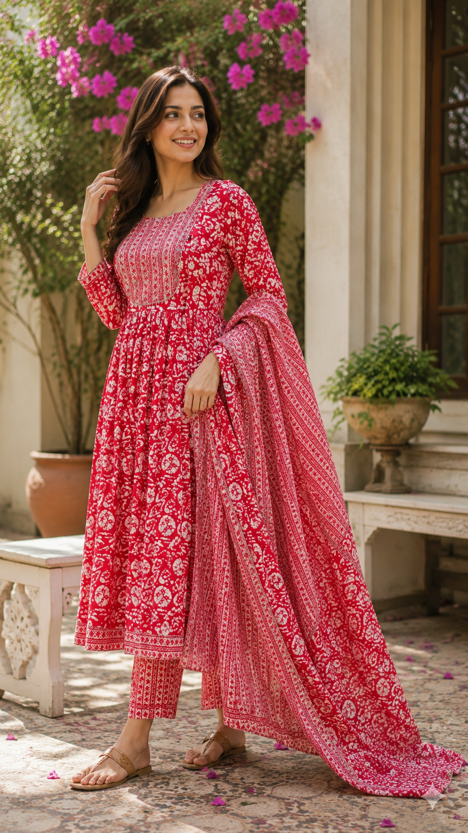 Pure cotton nayra cut kurti , bottom and dupatta set
