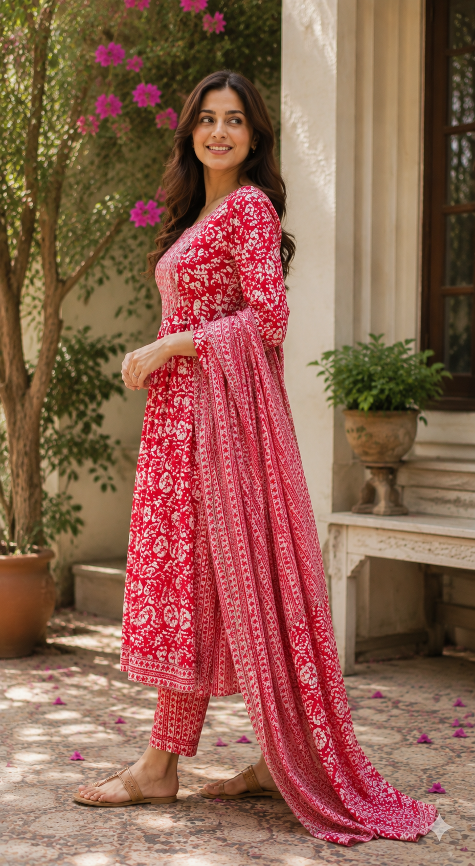 Pure cotton nayra cut kurti , bottom and dupatta set
