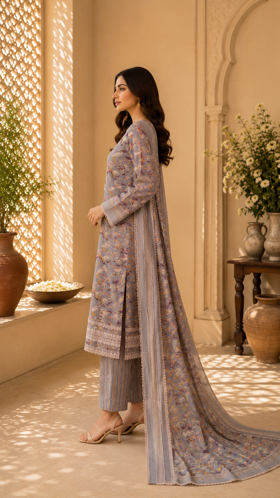 Roman silk premium look designer lace work suit