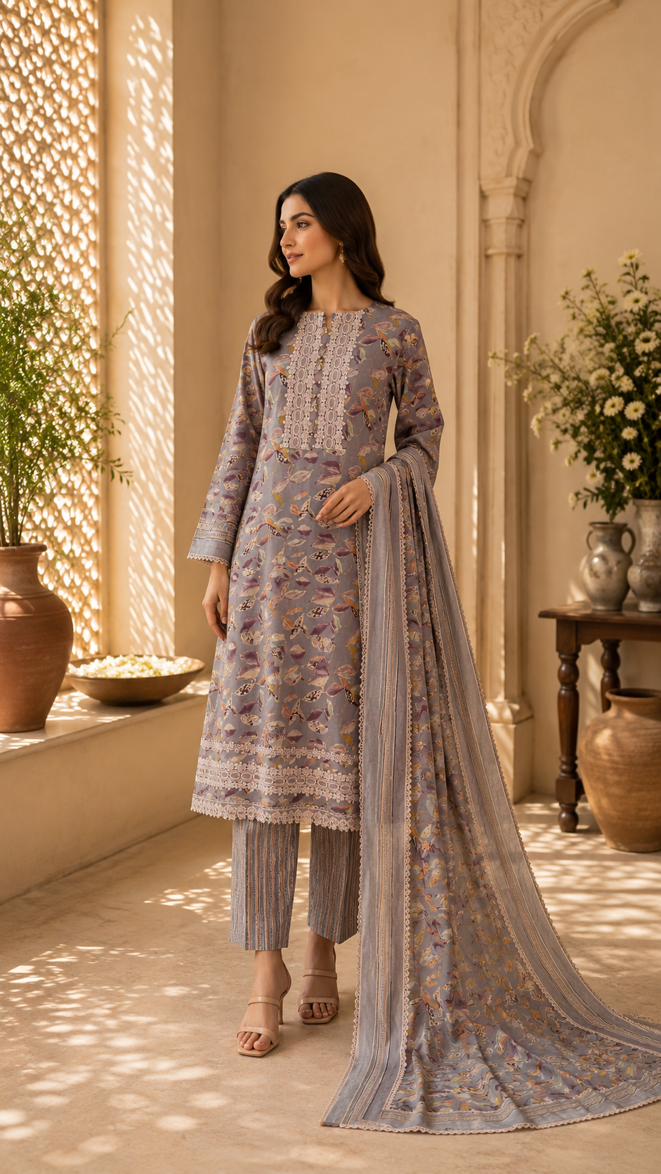 Roman silk premium look designer lace work suit