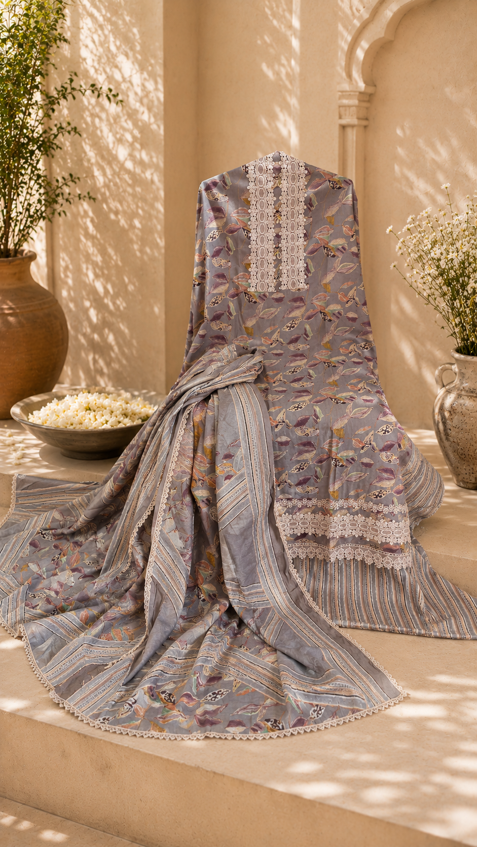 Roman silk premium look designer lace work suit