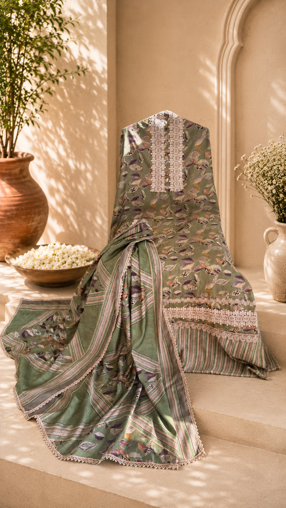 Roman silk premium look designer lace work suit