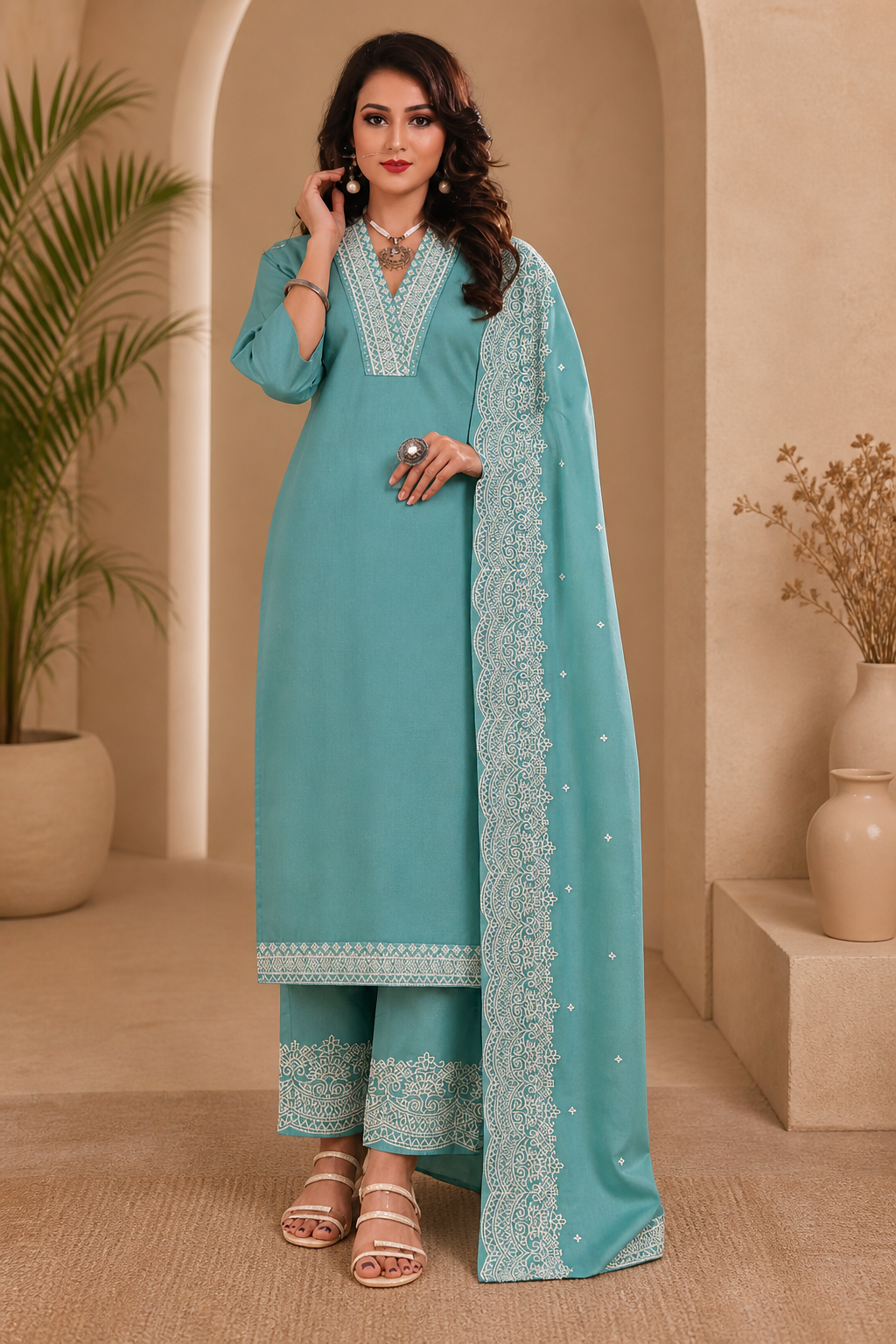 Roman silk semi stitched designer suit with bottom work