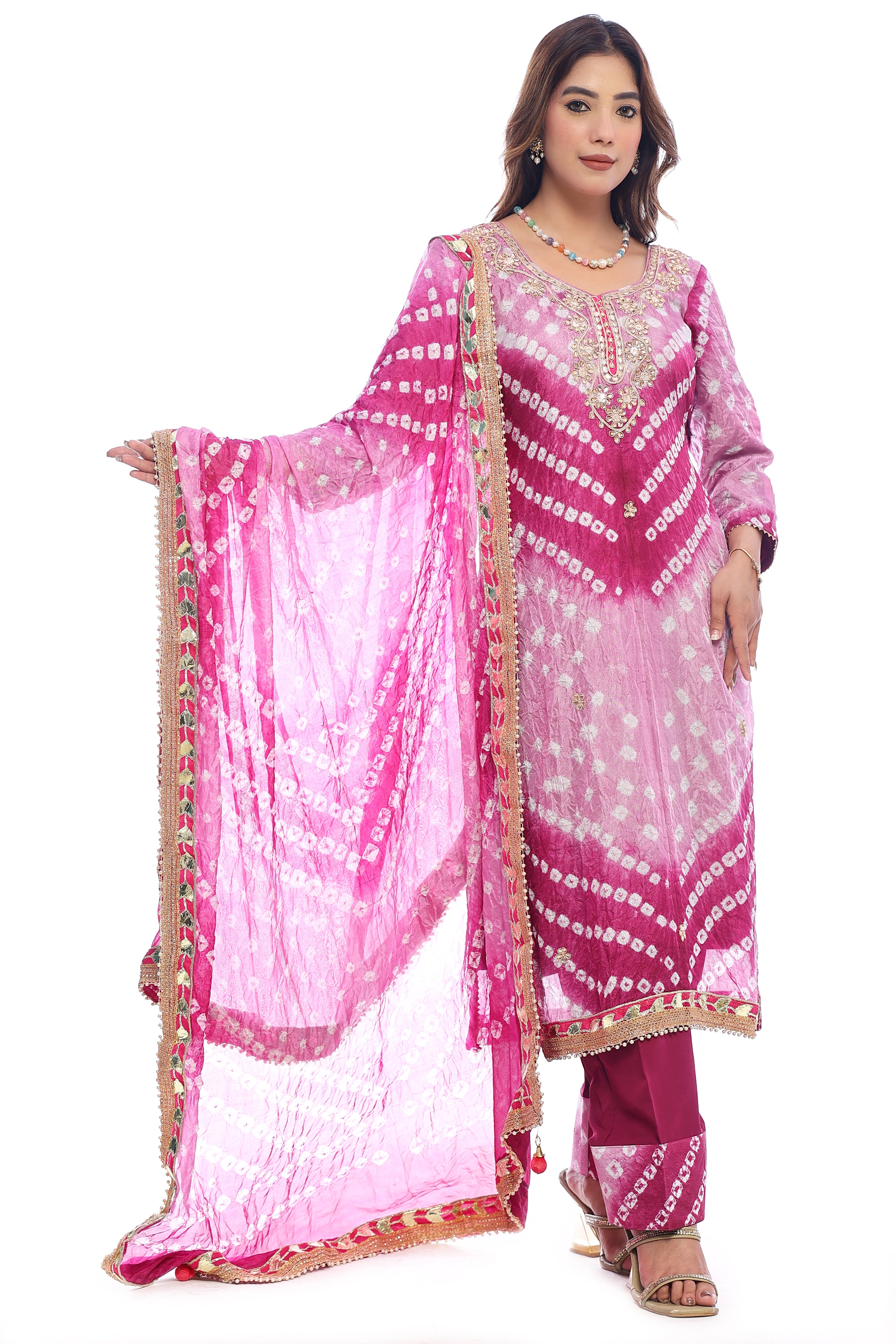 Pure chinon silk jaipuri bandhej unstitched suit