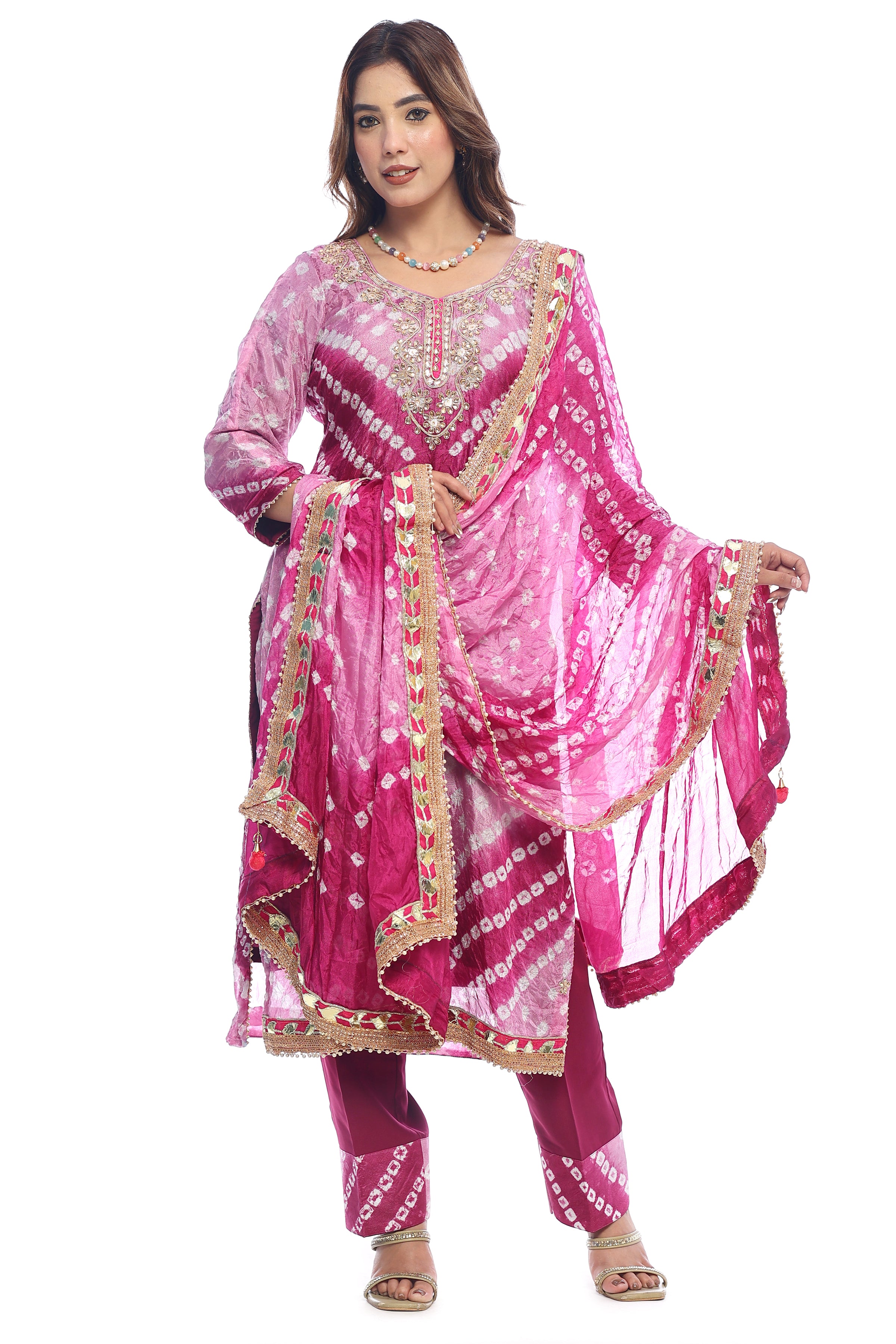 Pure chinon silk jaipuri bandhej unstitched suit