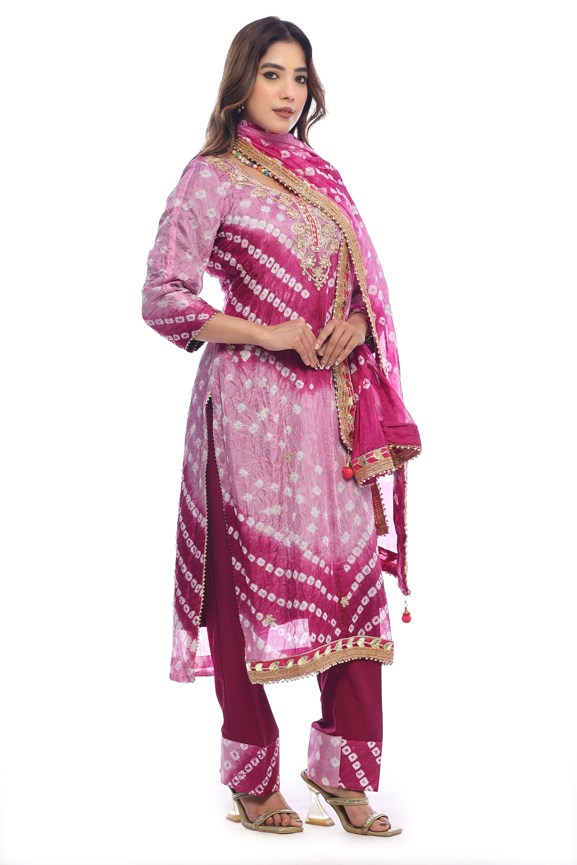 Pure chinon silk jaipuri bandhej unstitched suit