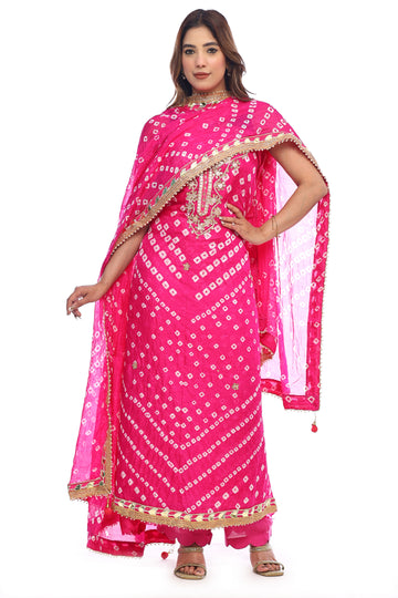 Pure chinon silk jaipuri bandhej unstitched suit