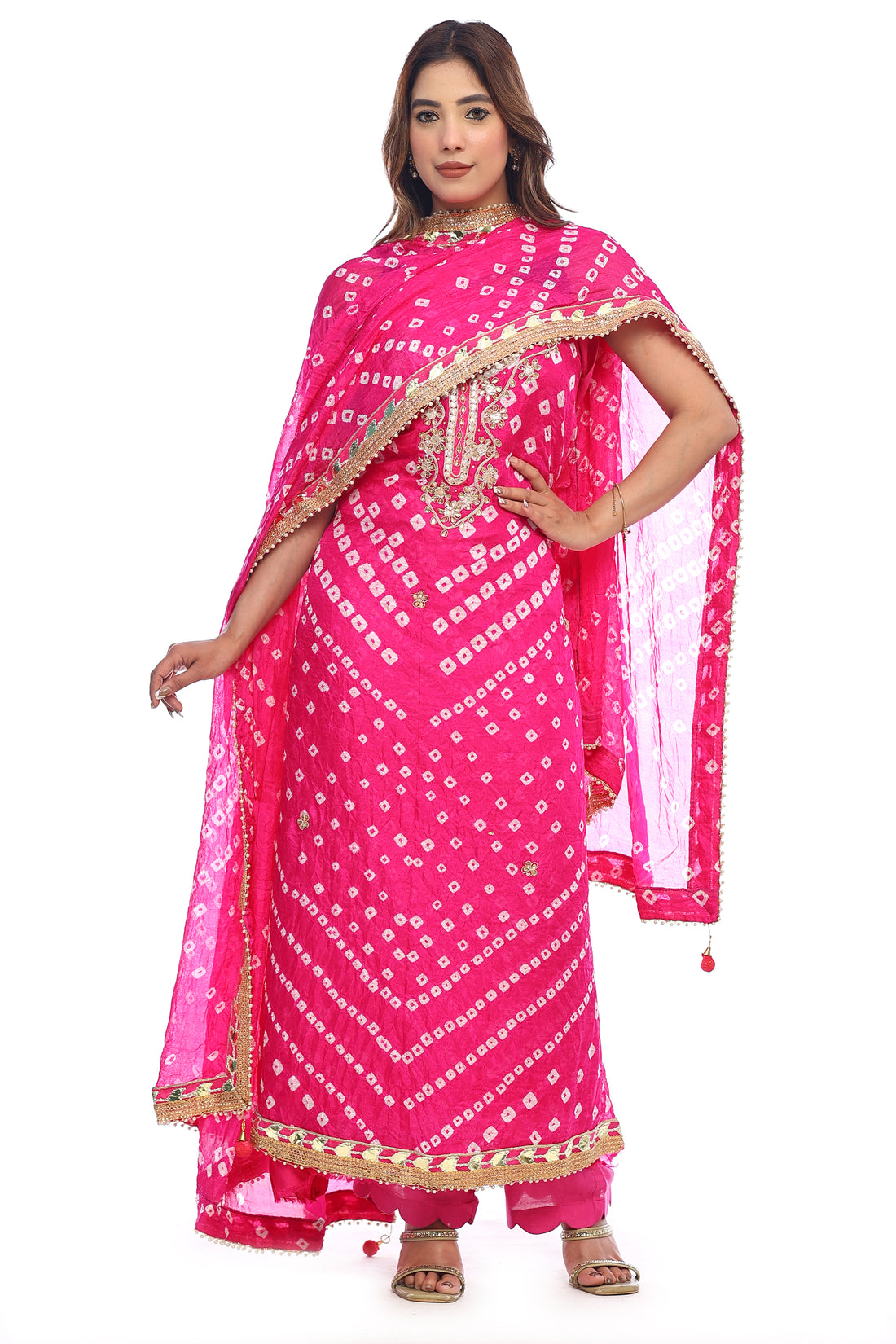 Pure chinon silk jaipuri bandhej unstitched suit