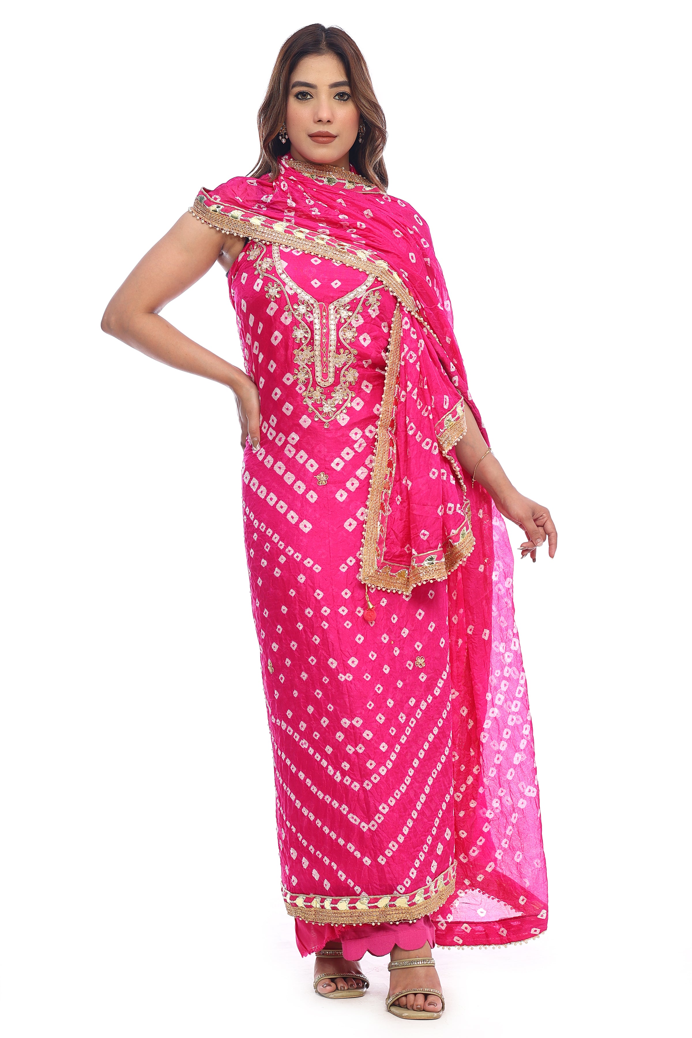 Pure chinon silk jaipuri bandhej unstitched suit
