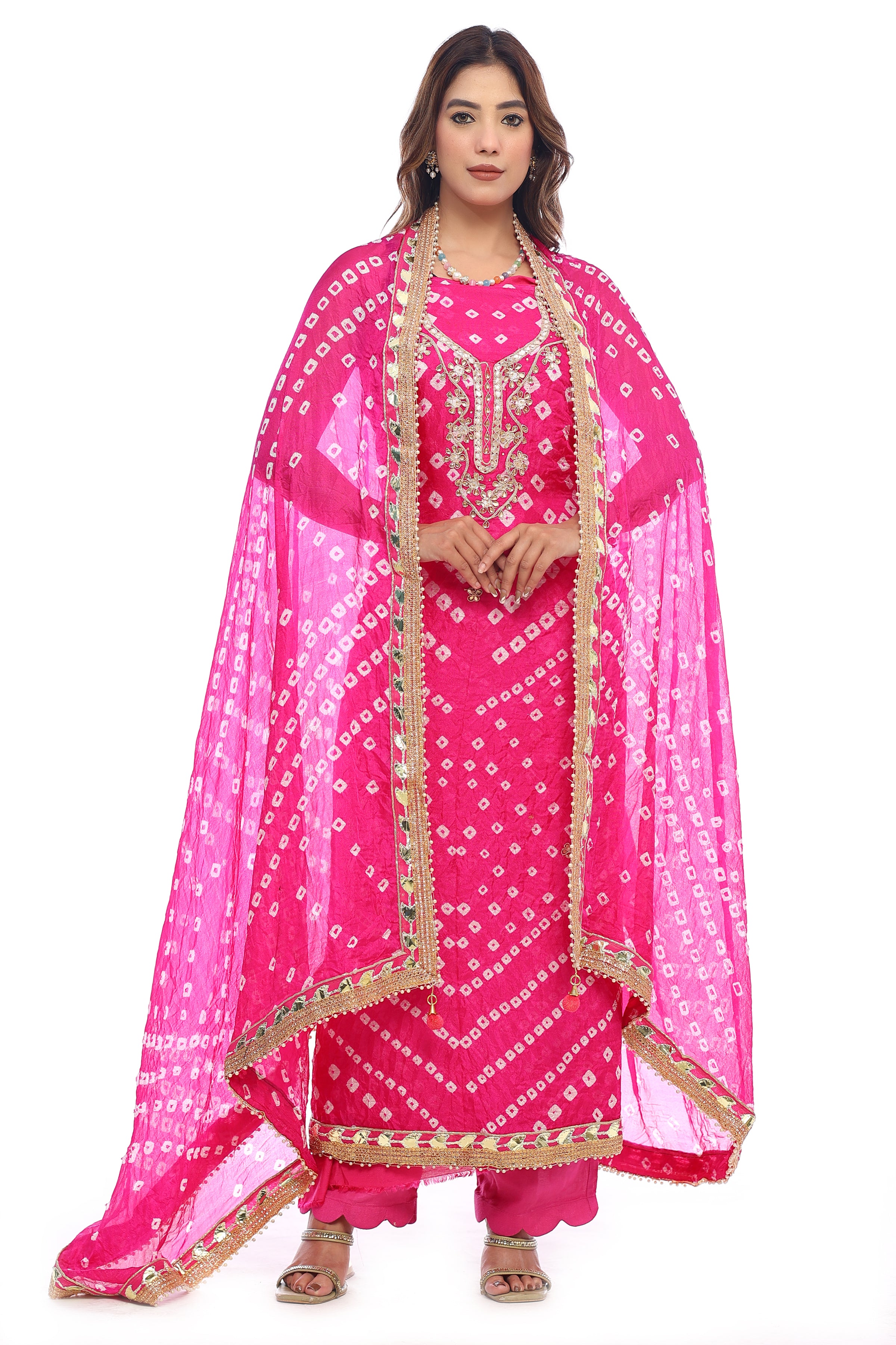 Pure chinon silk jaipuri bandhej unstitched suit