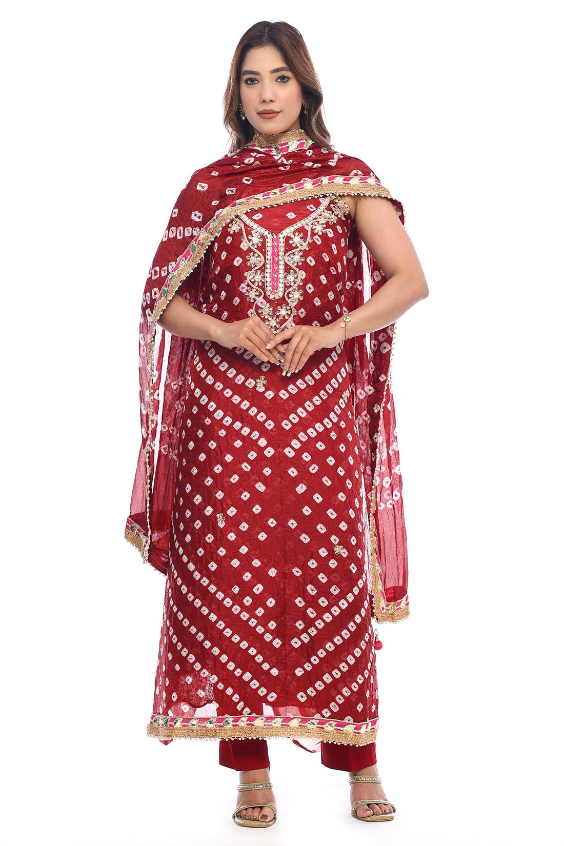 Pure chinon silk jaipuri bandhej unstitched suit