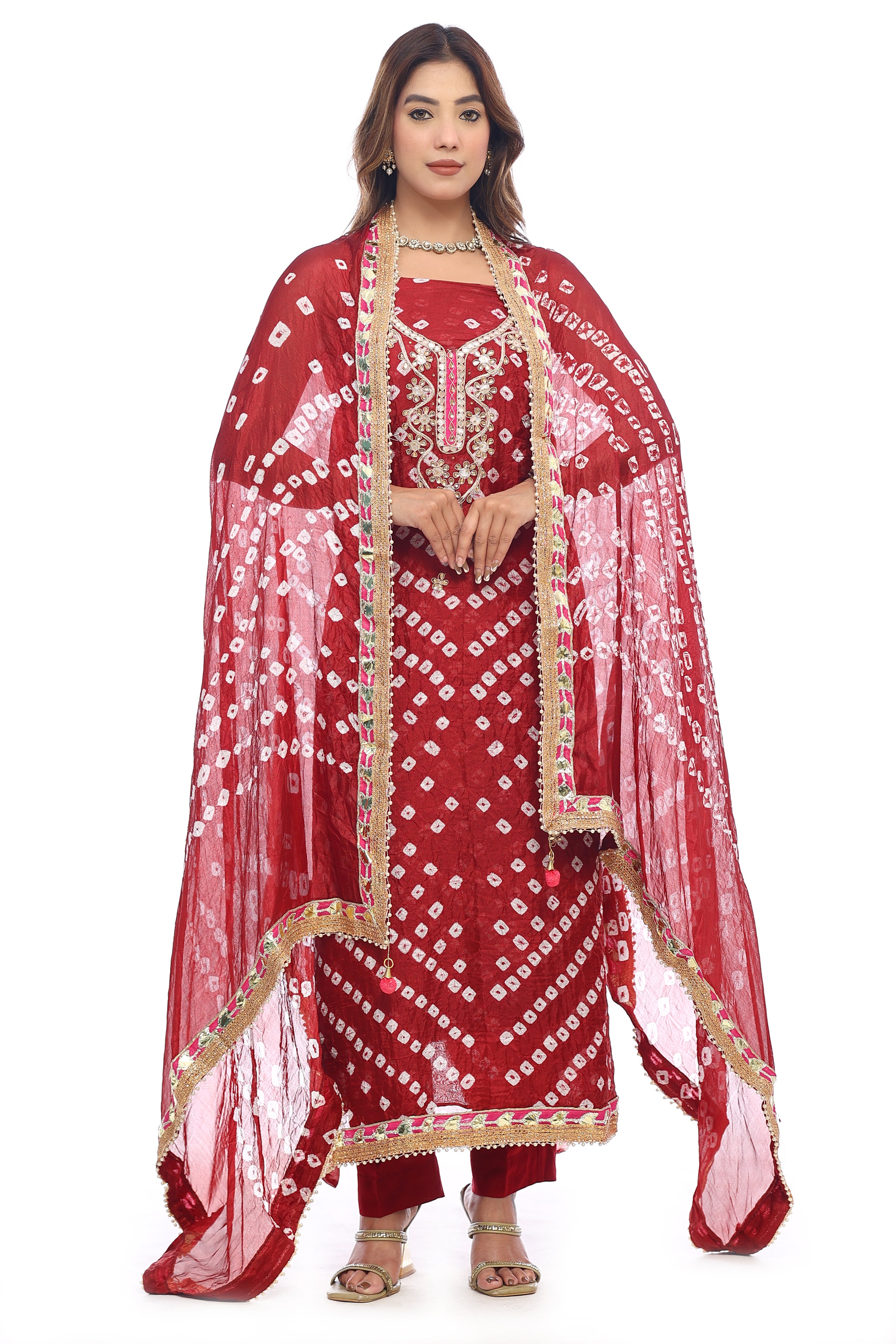 Pure chinon silk jaipuri bandhej unstitched suit