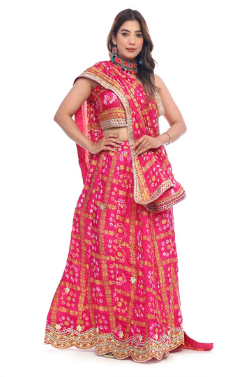 PRETTY PINK GHADCHOLA SILK BANDJEJ LEHENGA CHOLI