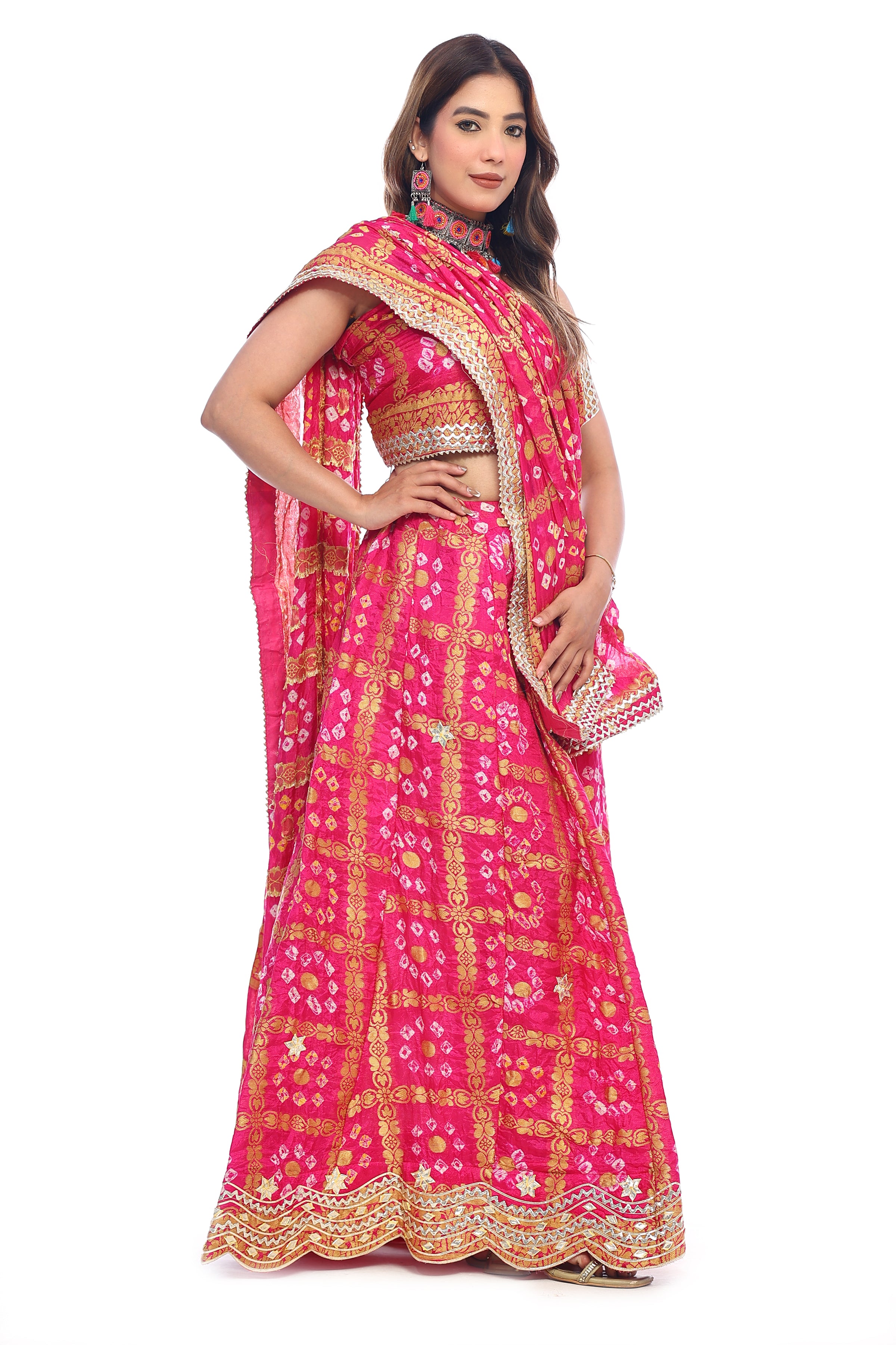 PRETTY PINK GHADCHOLA SILK BANDJEJ LEHENGA CHOLI