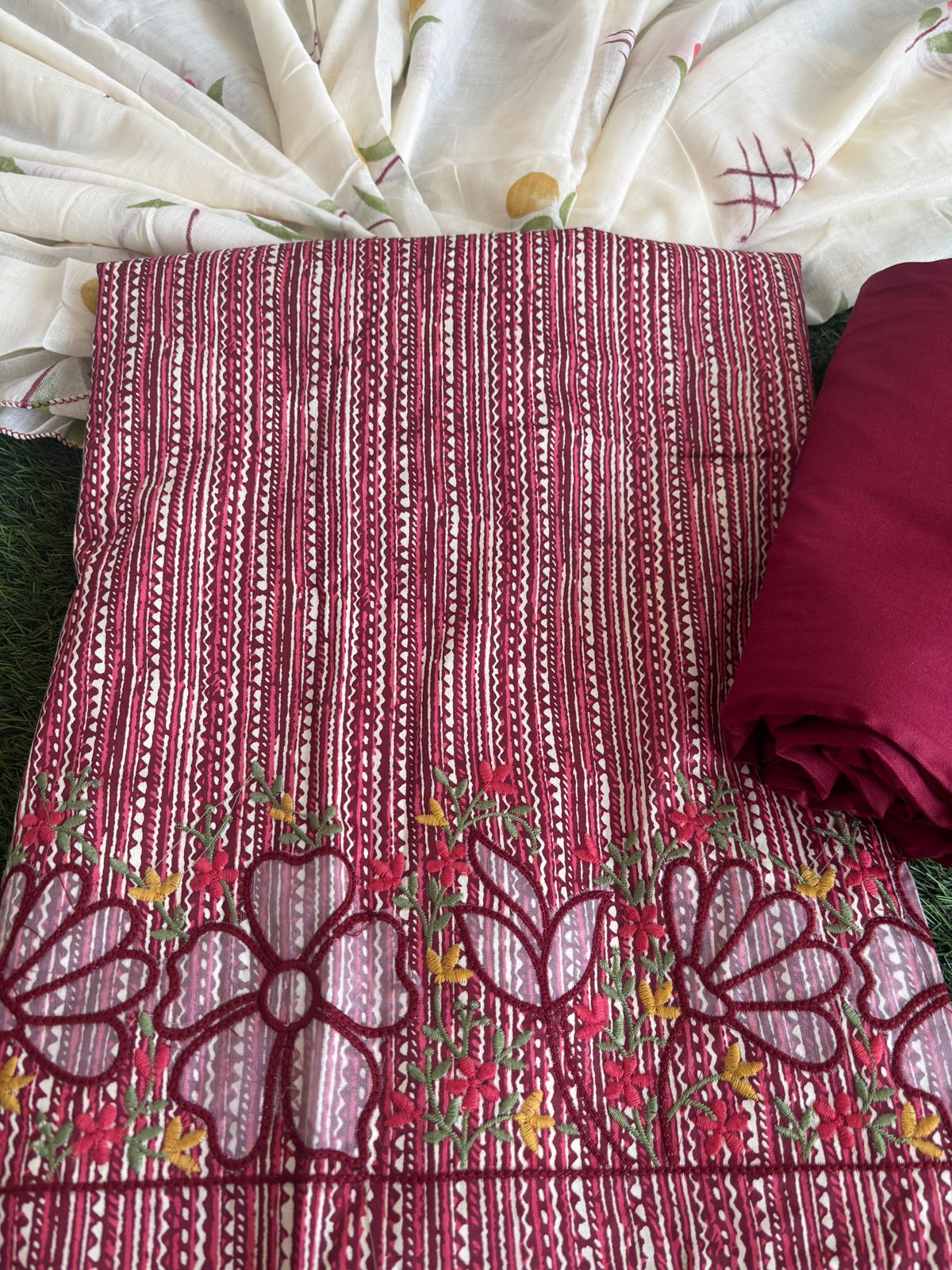 Pure cotton beautiful print with embroidered ghera with cotton dupatta