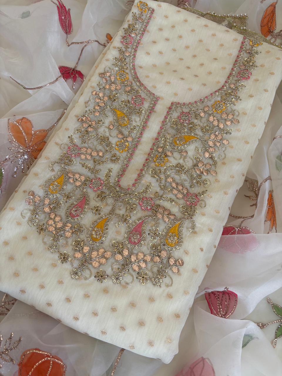 Semi stitched designer modal silk zari weaving suit with designer organza dupatta