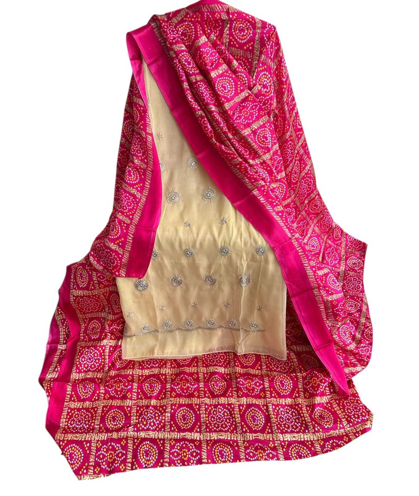 Glass tissue designer suit with bandhej print bottom and dupatta