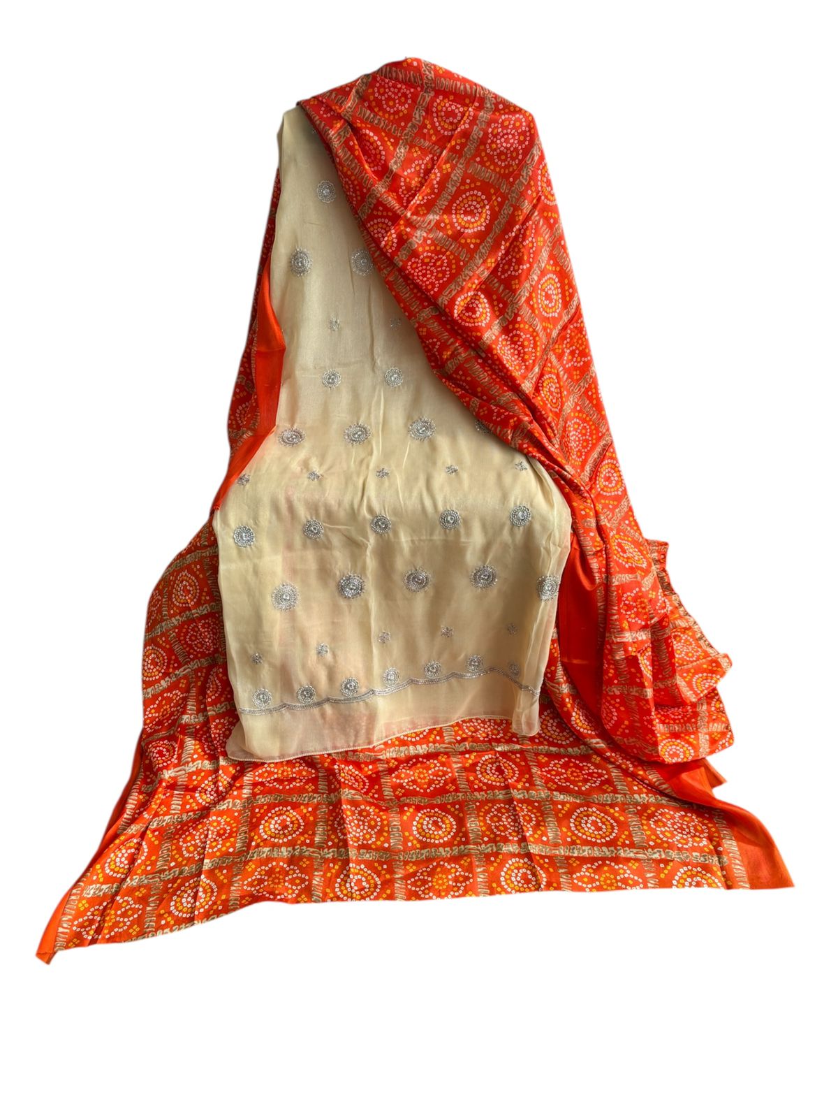 Glass tissue designer suit with bandhej print bottom and dupatta