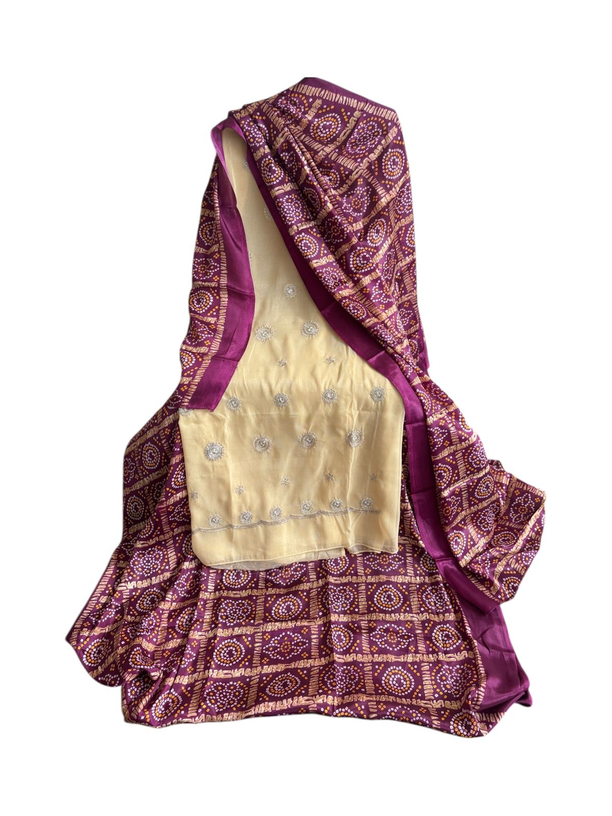 Glass tissue designer suit with bandhej print bottom and dupatta