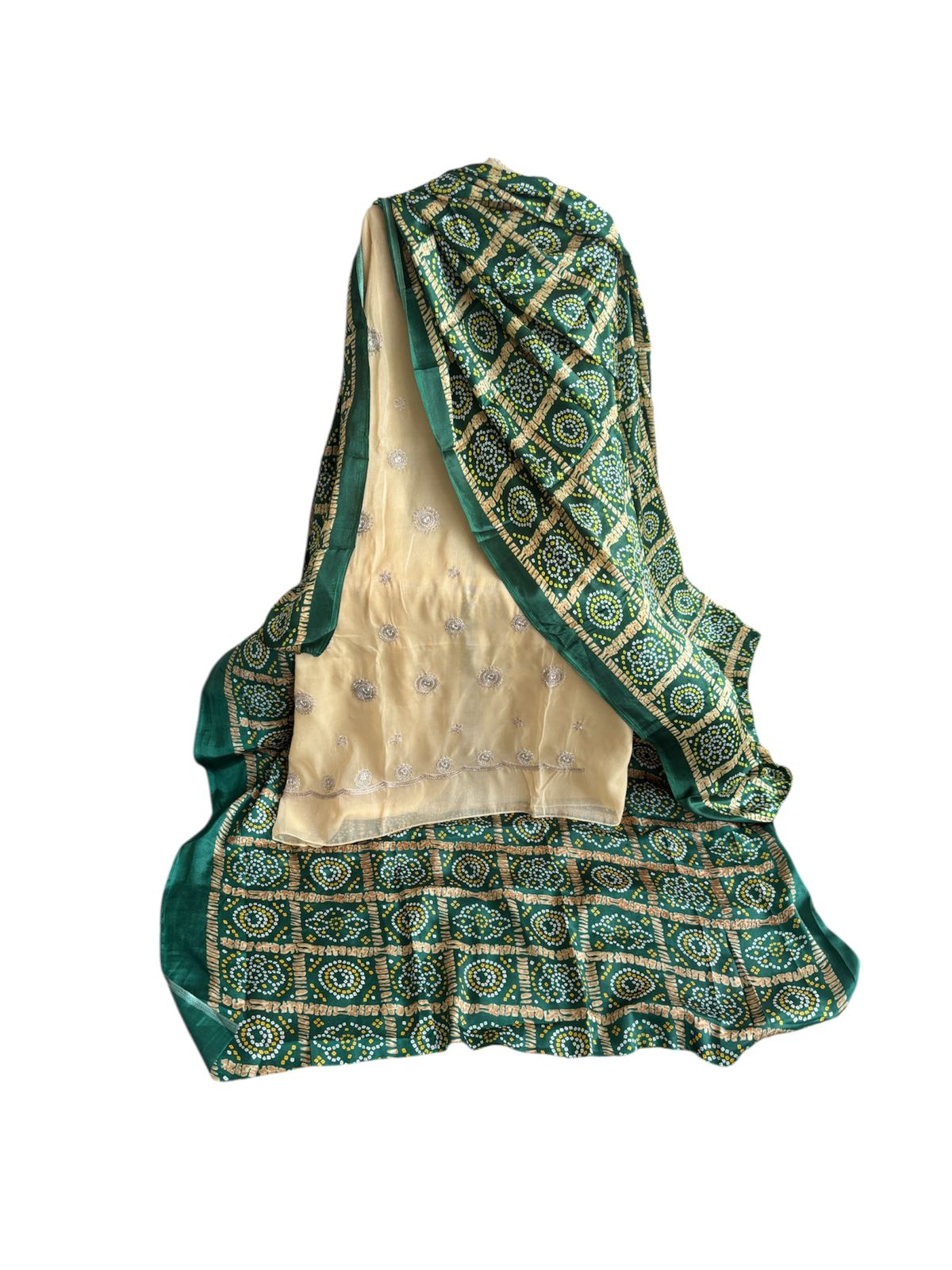 Glass tissue designer suit with bandhej print bottom and dupatta