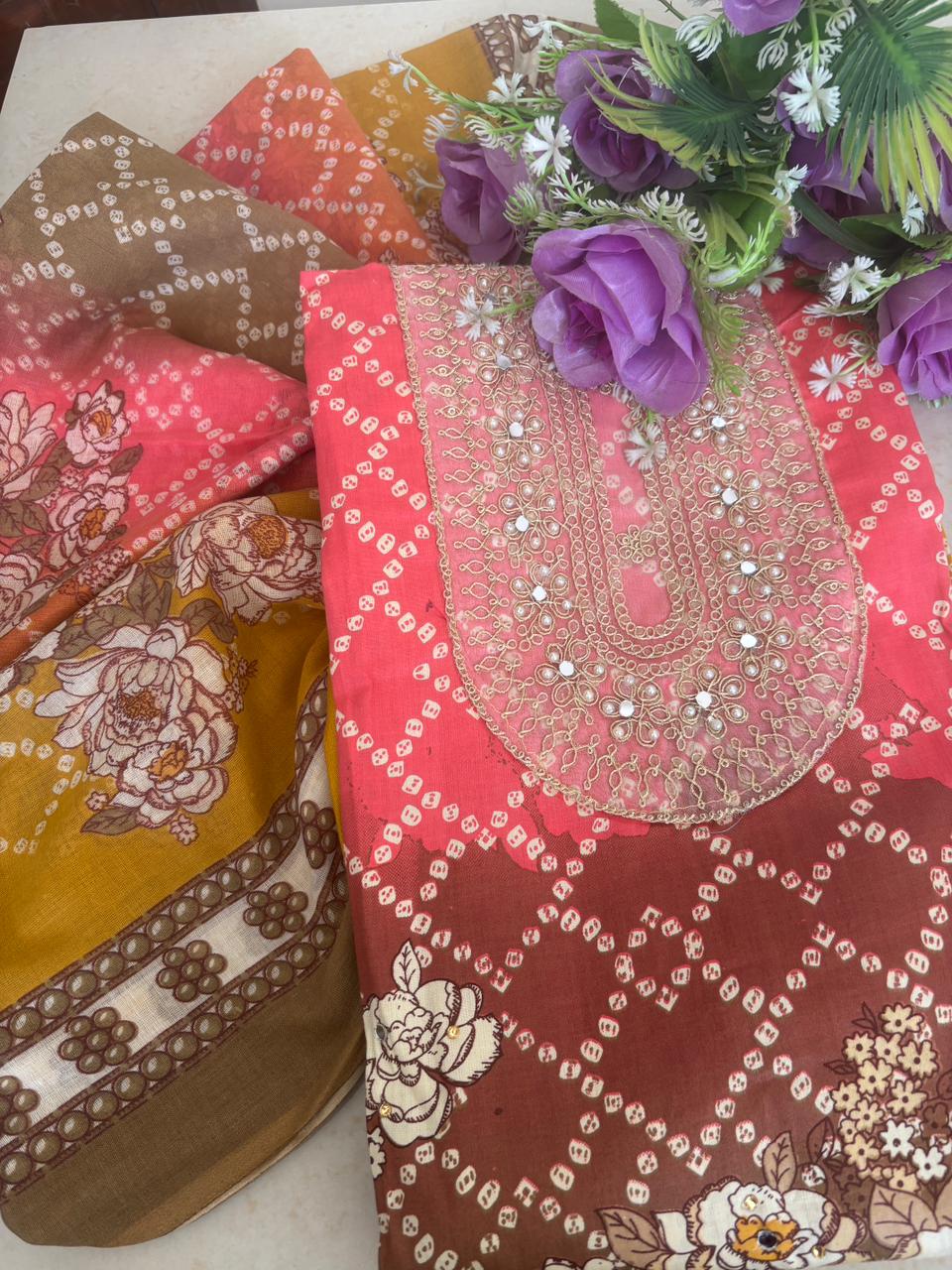 Bandhej print designer cotton embroidered suit